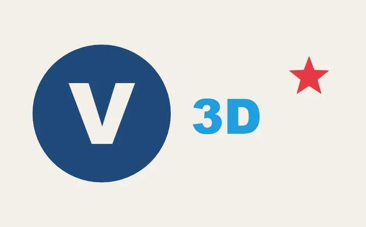 क्रीम बैकग्राउंड पर नीला गोला, V, 3D लिखा टेक्स्ट और लाल तारे वाला लोगो
