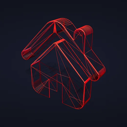 Un modelo 3D de un icono de casa mostrado como Malla de alambre
